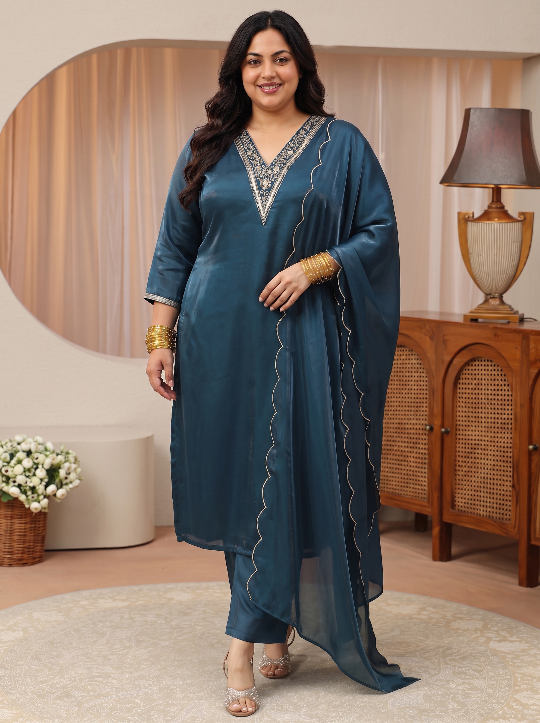 Embroidered V-Neck Kurta Set with Dupatta