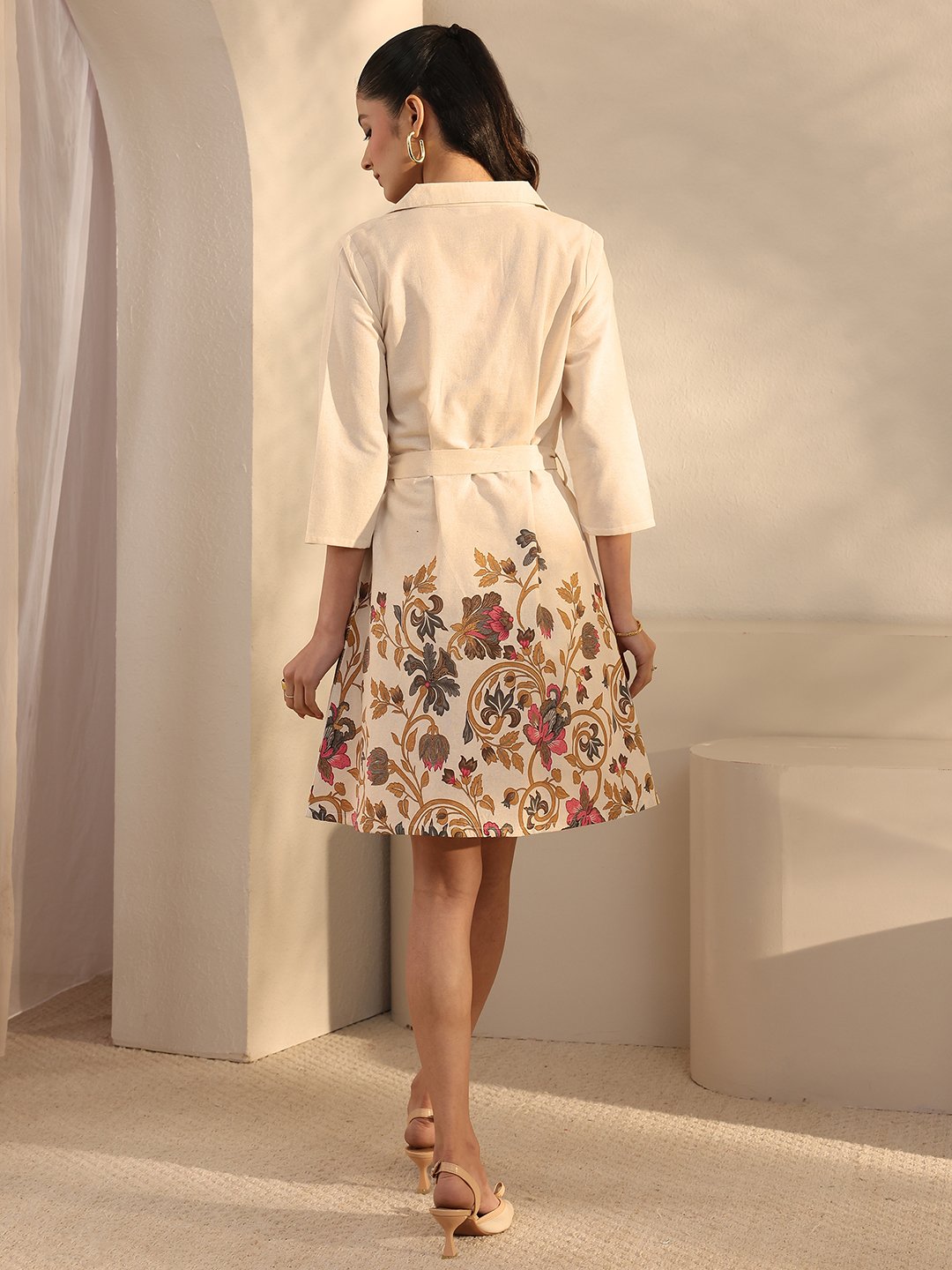 Off-White Floral Mini Shirt Dress with 3/4 Sleeves