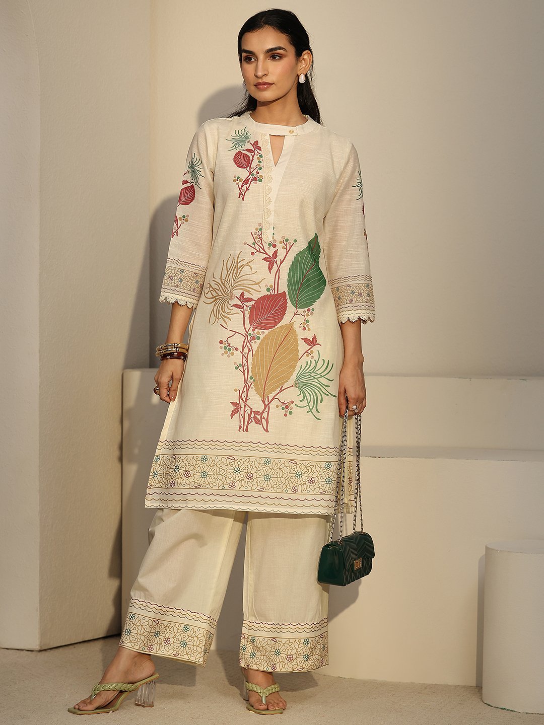 Off-White Printed Linen Co-ord Set with Keyhole Neck