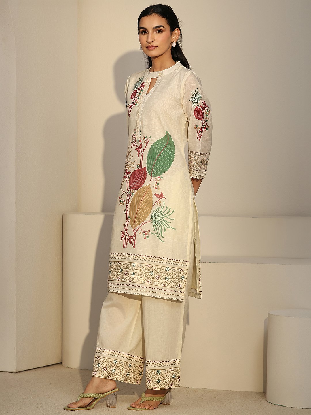 Off-White Printed Linen Co-ord Set with Keyhole Neck