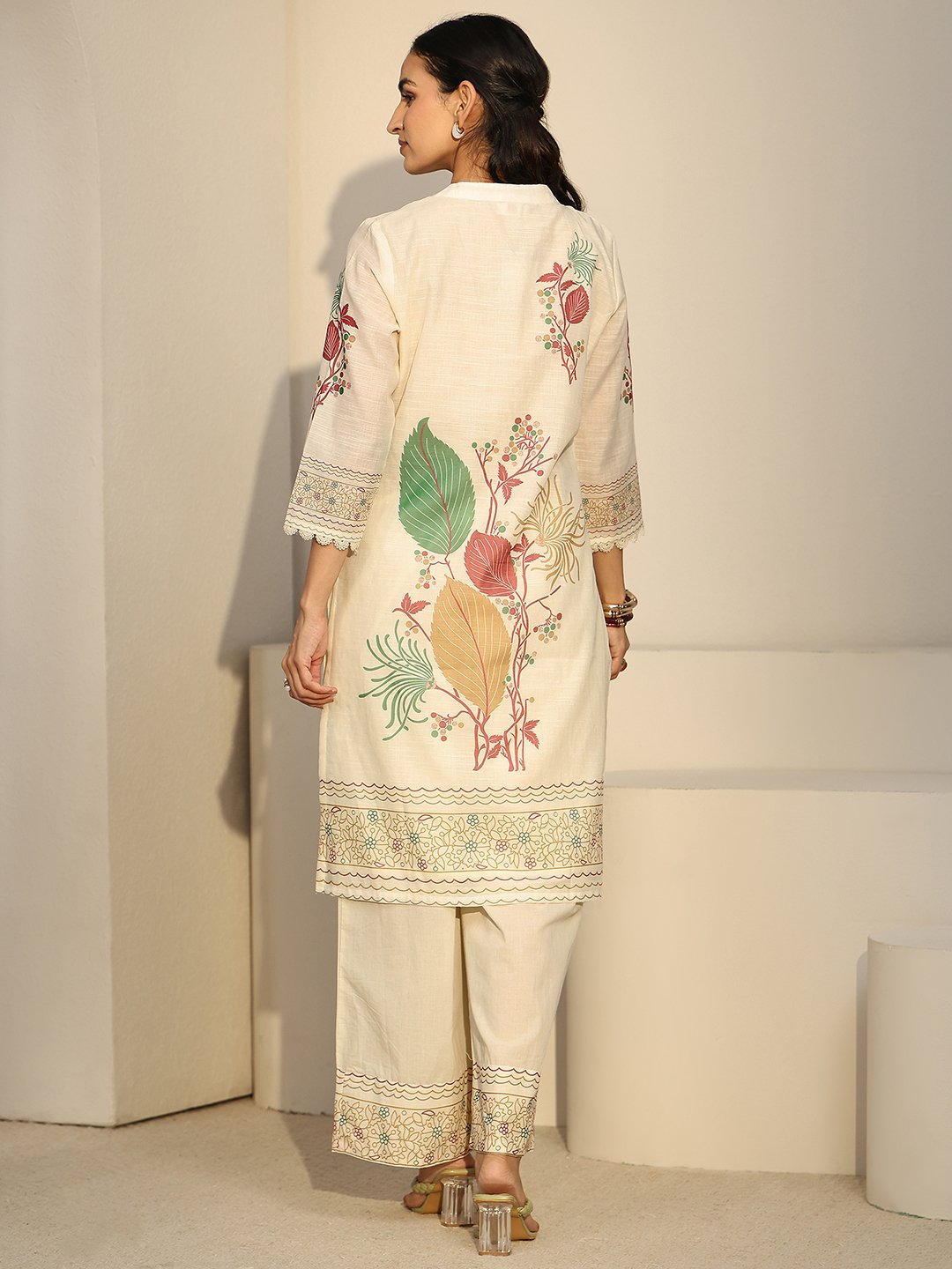 Off-White Printed Linen Co-ord Set with Keyhole Neck