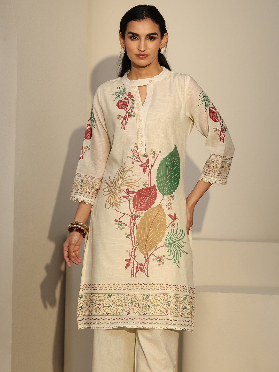 Off-White Printed Linen Co-ord Set with Keyhole Neck