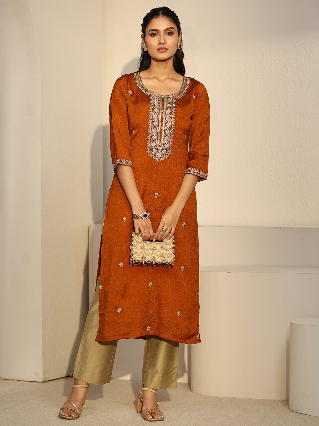 Rust Embroidered Silk Blend Kurta with Three-Quarter Sleeves