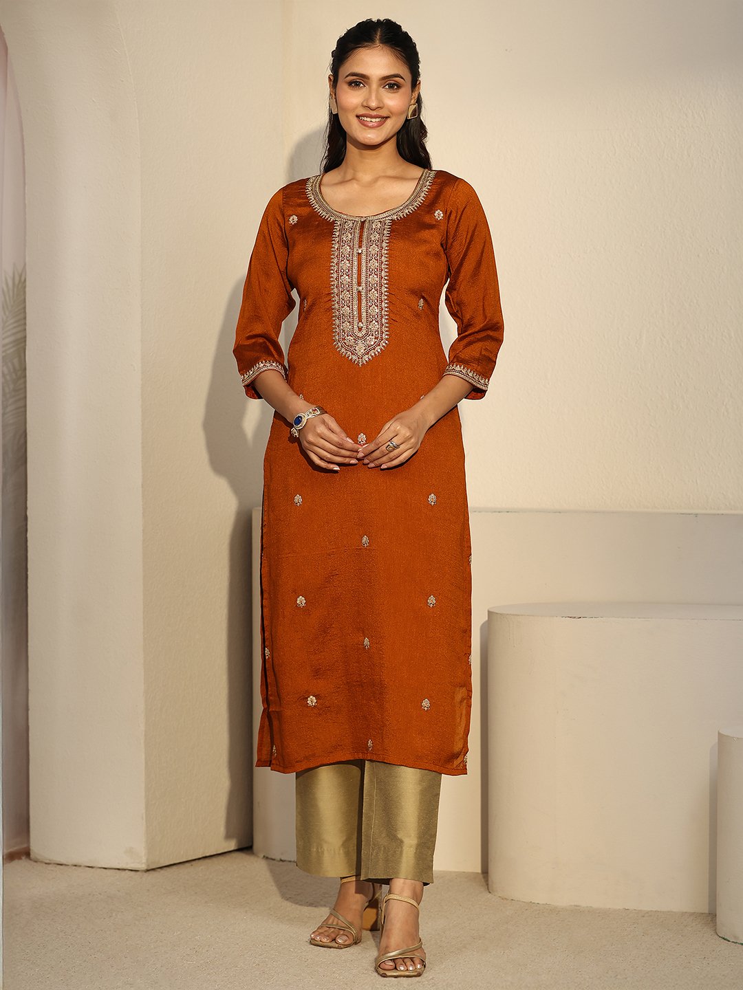 Rust Embroidered Silk Blend Kurta with Three-Quarter Sleeves