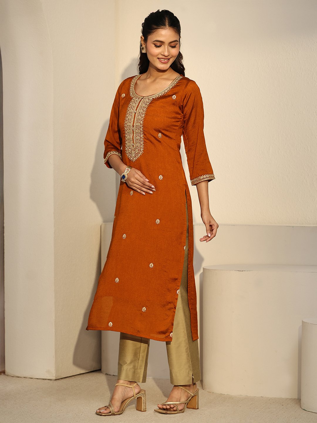 Rust Embroidered Silk Blend Kurta with Three-Quarter Sleeves