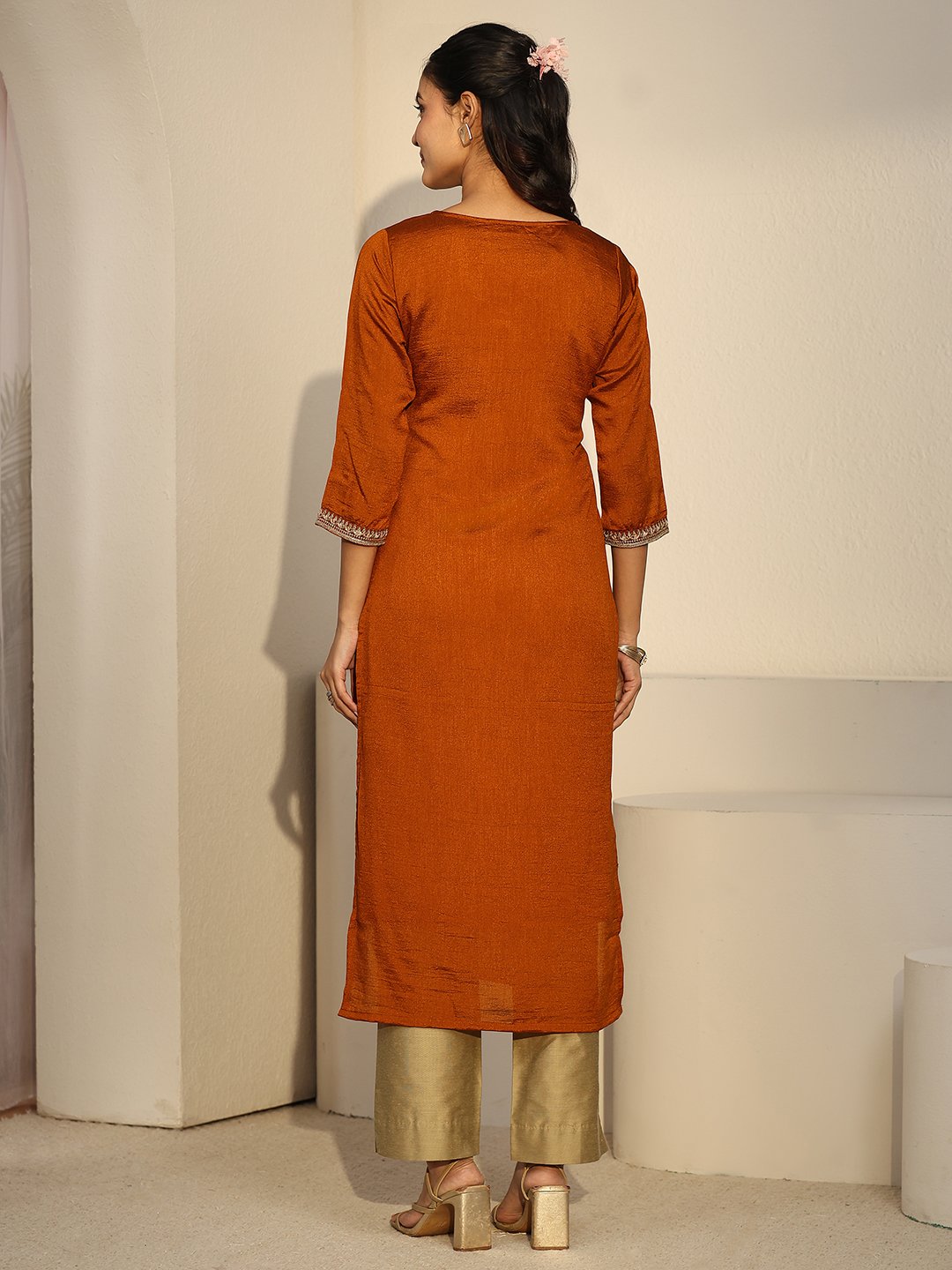 Rust Embroidered Silk Blend Kurta with Three-Quarter Sleeves
