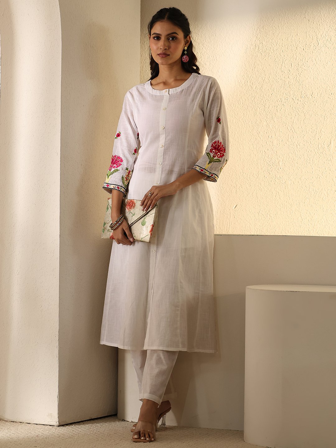 White Embroidered A-Line Kurta Set with Straight Pants