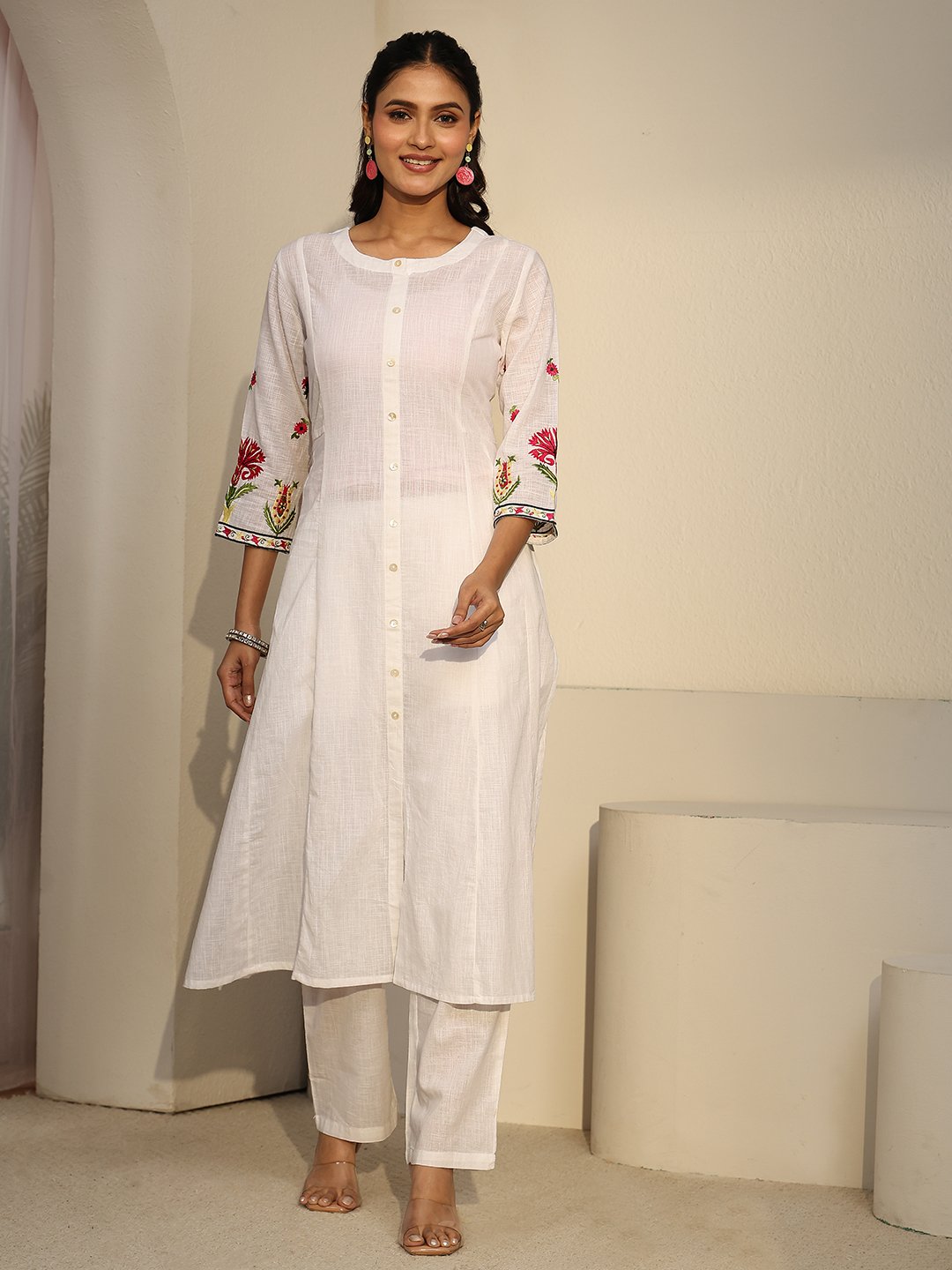 White Embroidered A-Line Kurta Set with Straight Pants