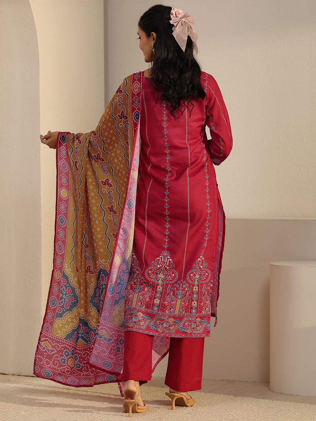 Maroon Embroidered Kurta Set with Straight Pants and Bandhani Dupatta