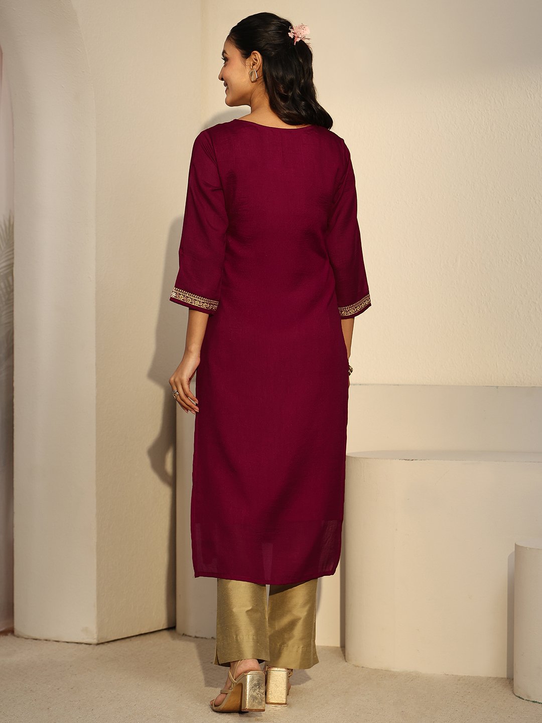 Maroon Embroidered Silk Blend Kurta 