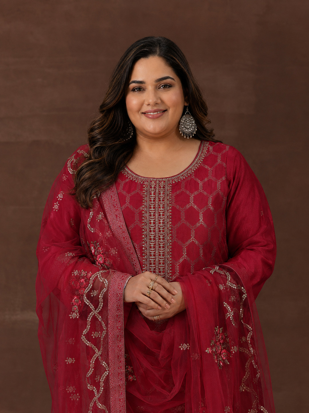 Pink Woven Silk Blend Kurta Set with Dupatta - Plus Size