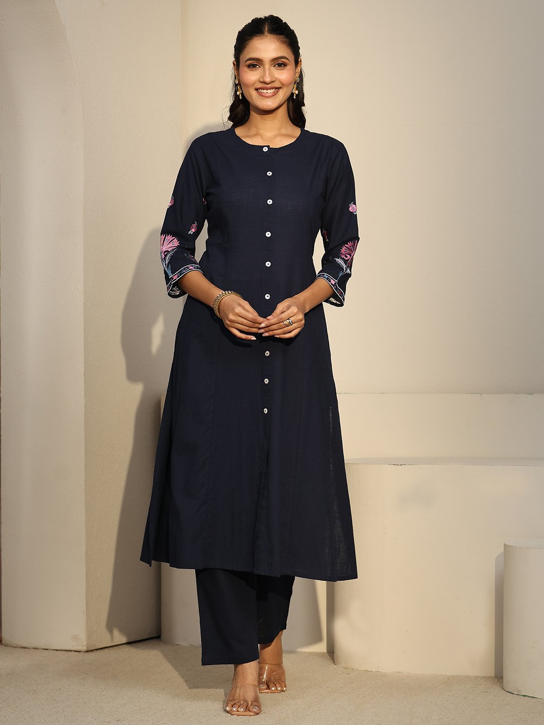 Navy Blue Embroidered Kurta Set with Trousers