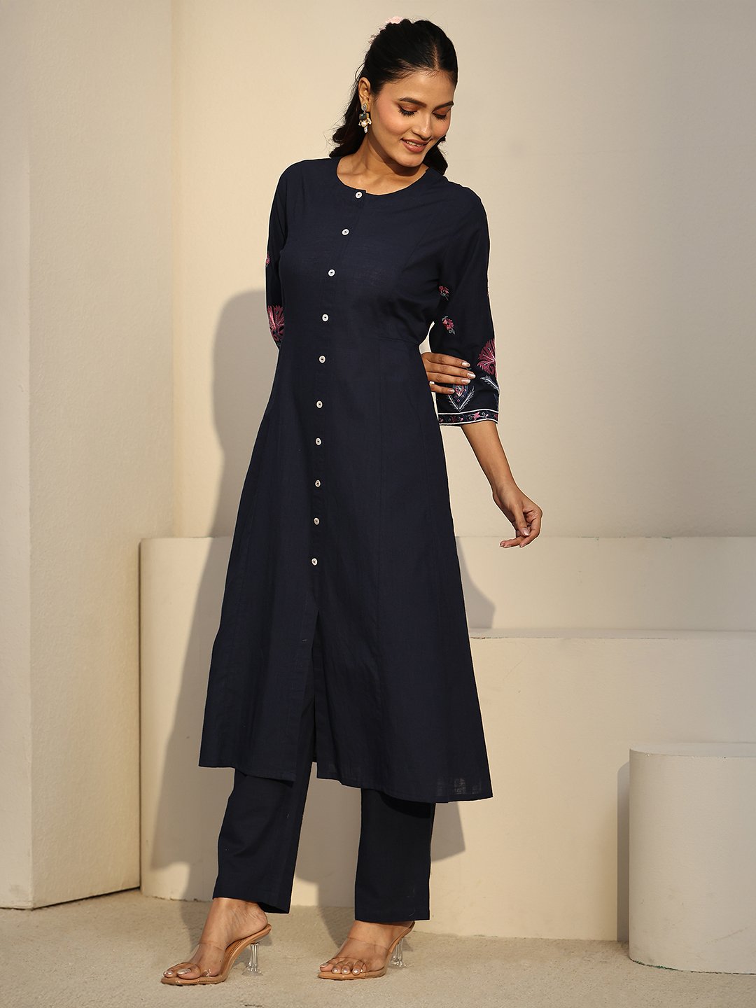 Navy Blue Embroidered Kurta Set with Trousers