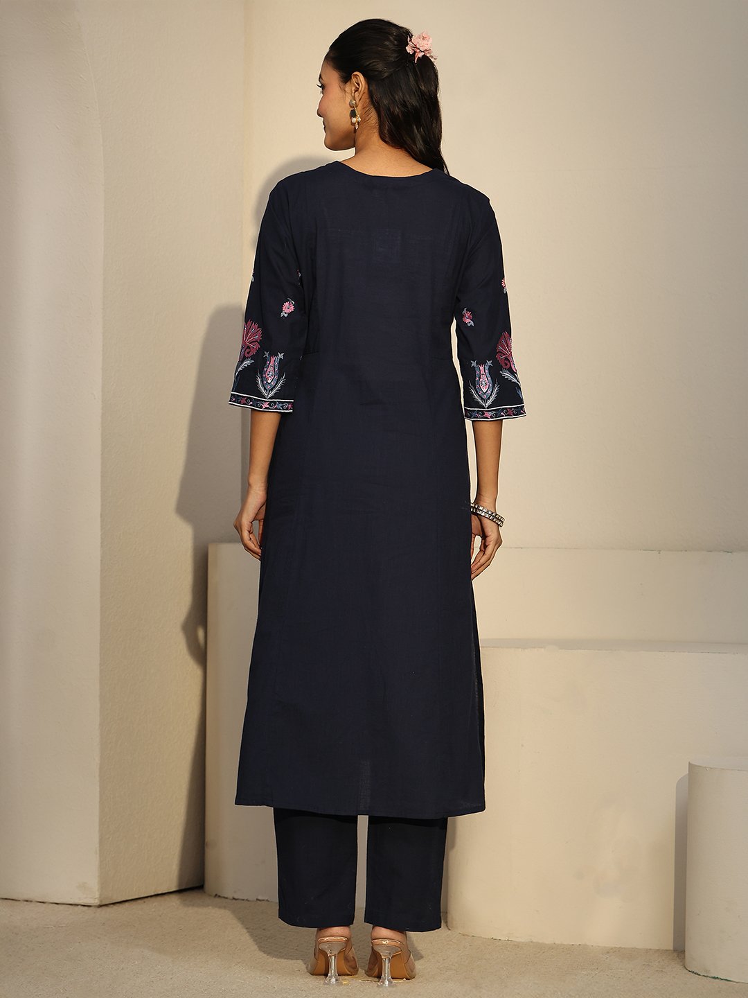 Navy Blue Embroidered Kurta Set with Trousers