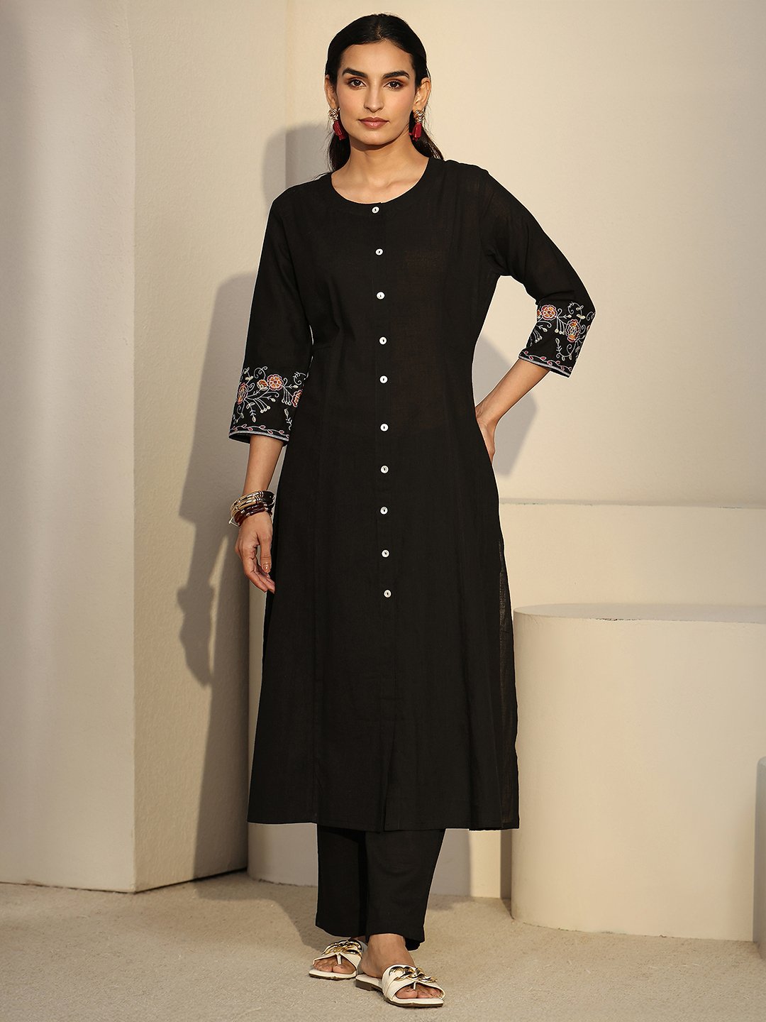 Black Embroidered Cotton Blend Kurta Set