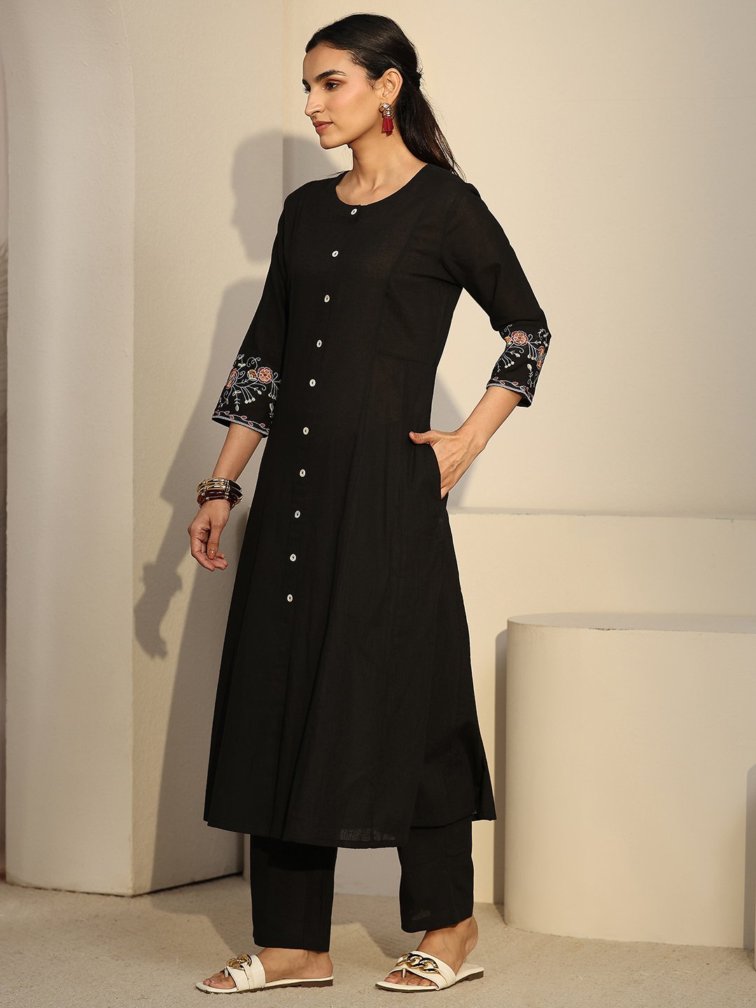 Black Embroidered Cotton Blend Kurta Set