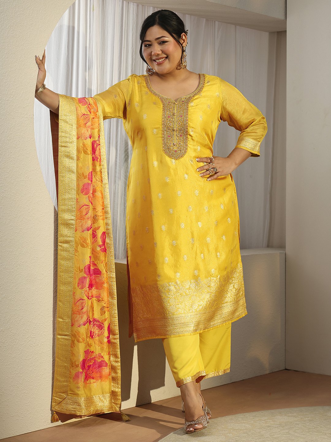 Mustard Silk Blend Embroidered Kurta Set with Dupatta