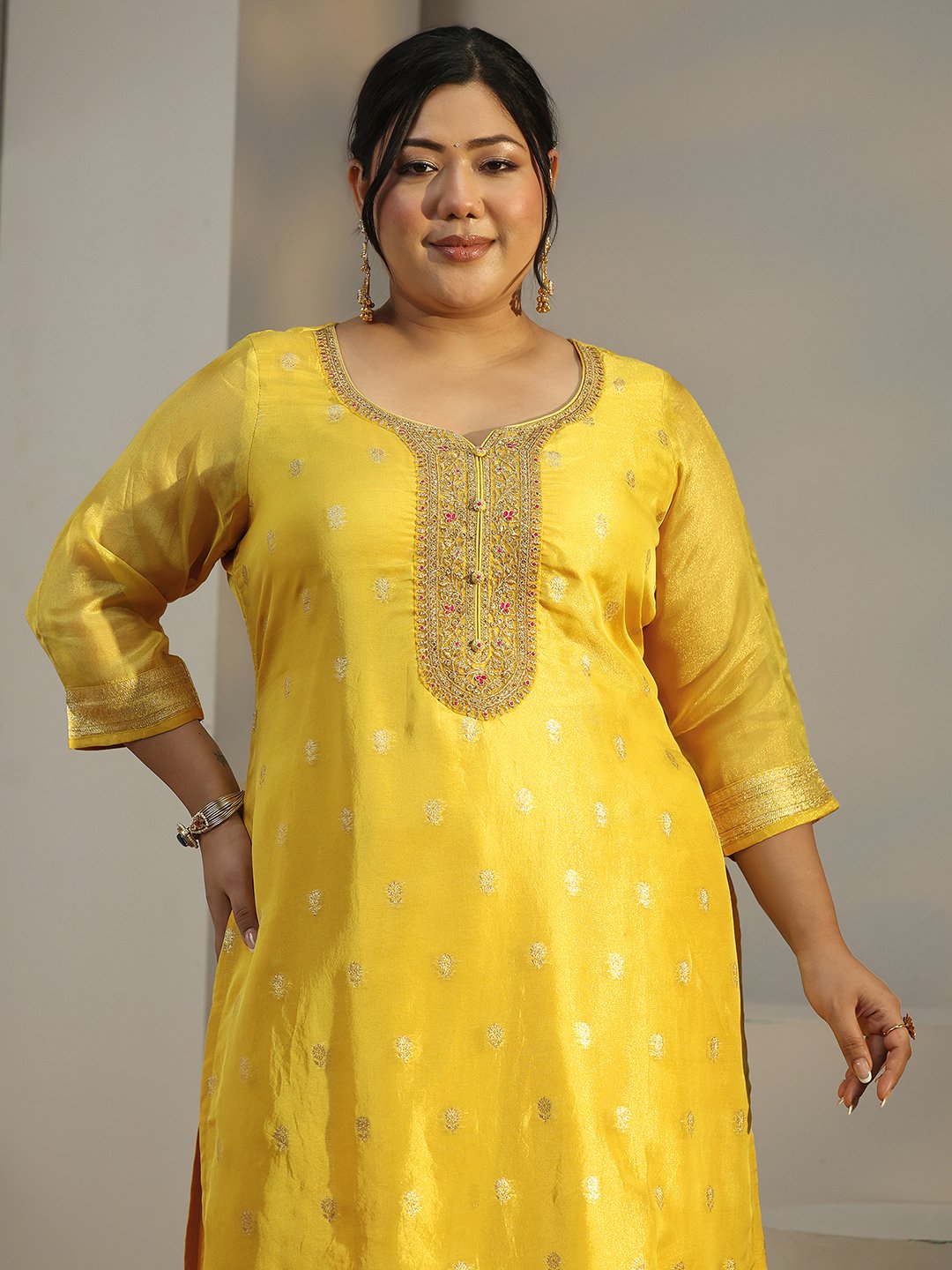 Mustard Silk Blend Embroidered Kurta Set with Dupatta