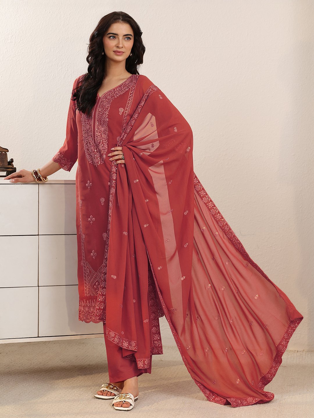 Embroidered Georgette Kurta Set with Dupatta