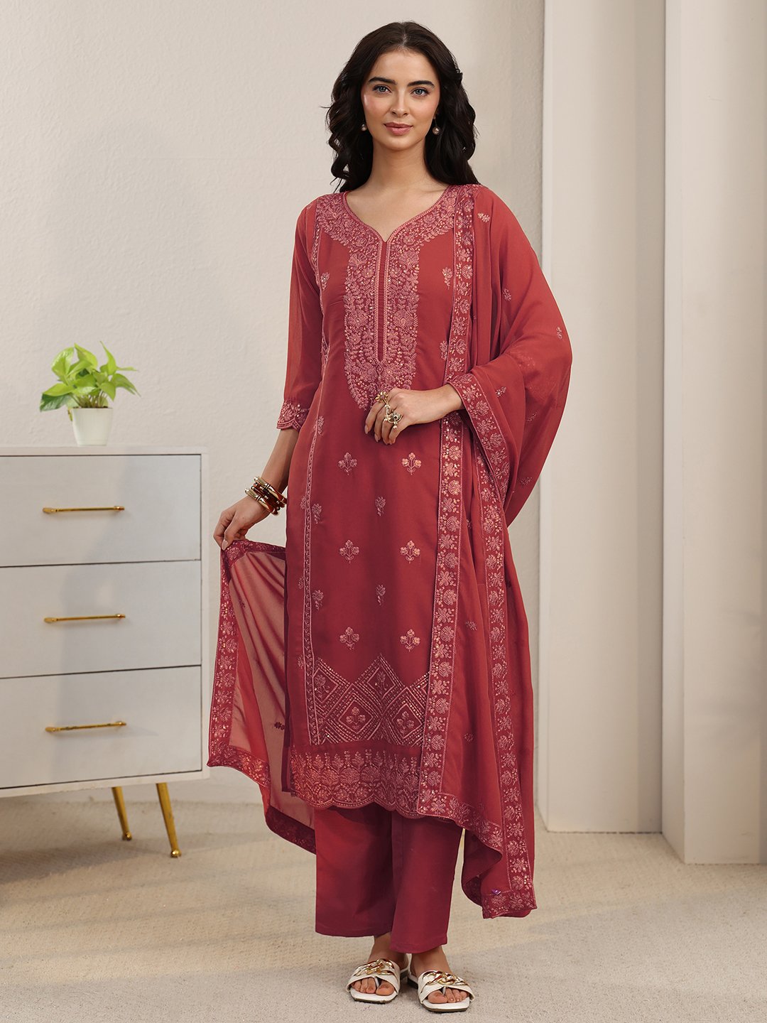 Embroidered Georgette Kurta Set with Dupatta