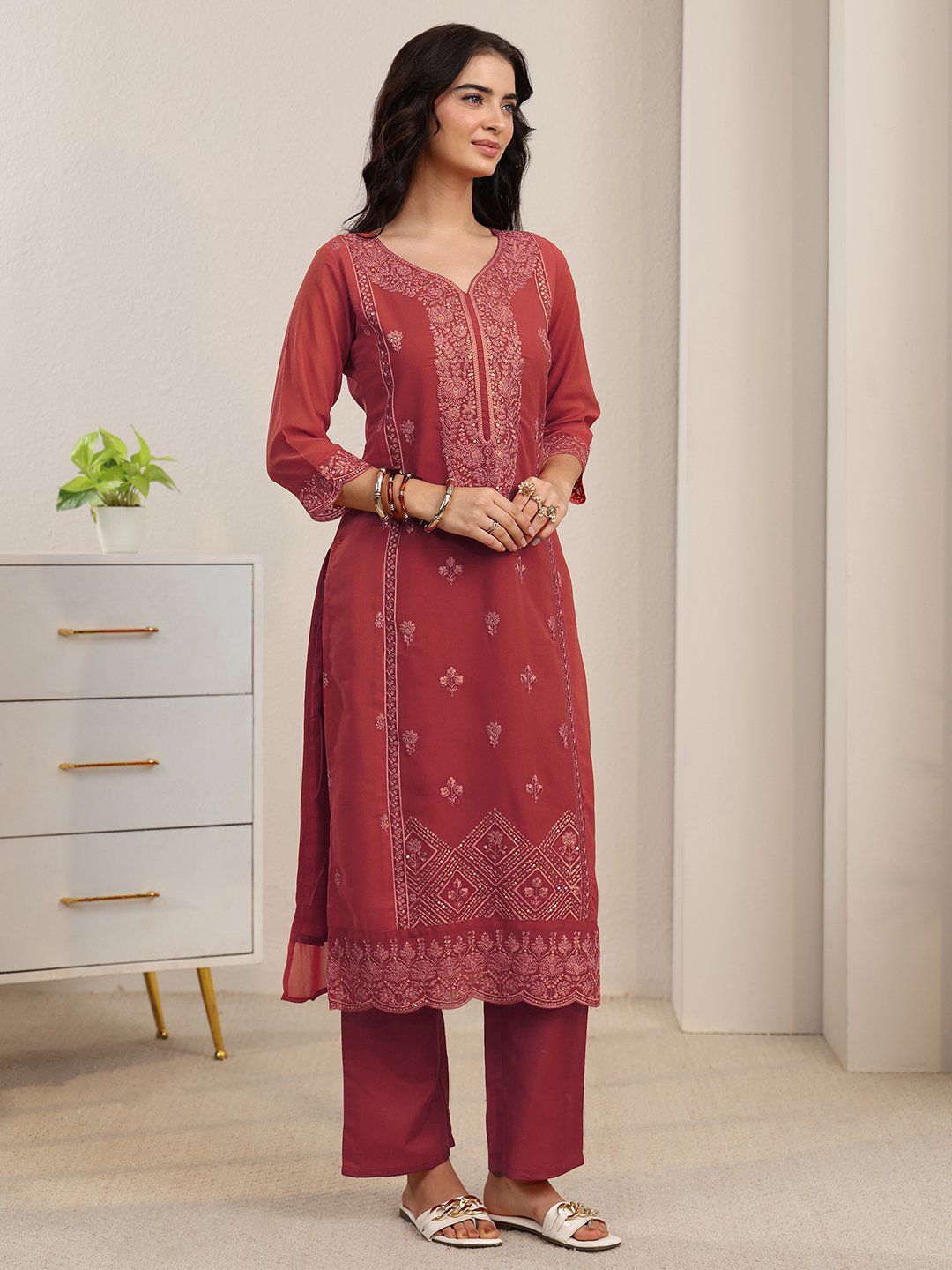 Embroidered Georgette Kurta Set with Dupatta