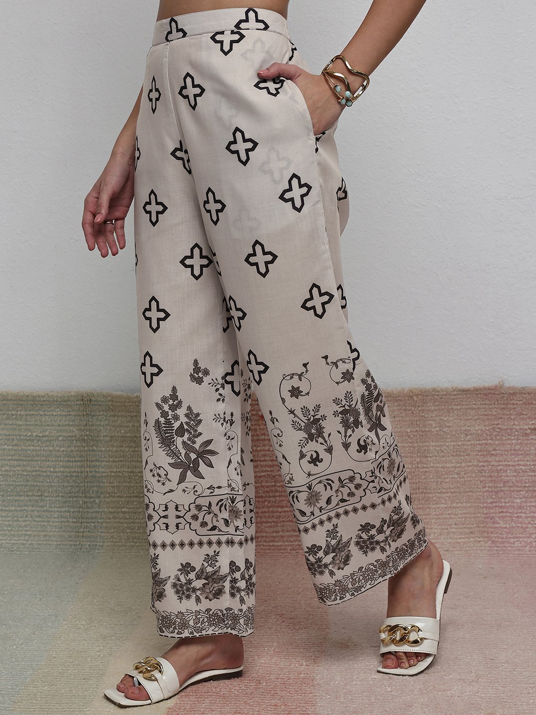 Off-White Printed Co-ord Set with Mandarin Collar