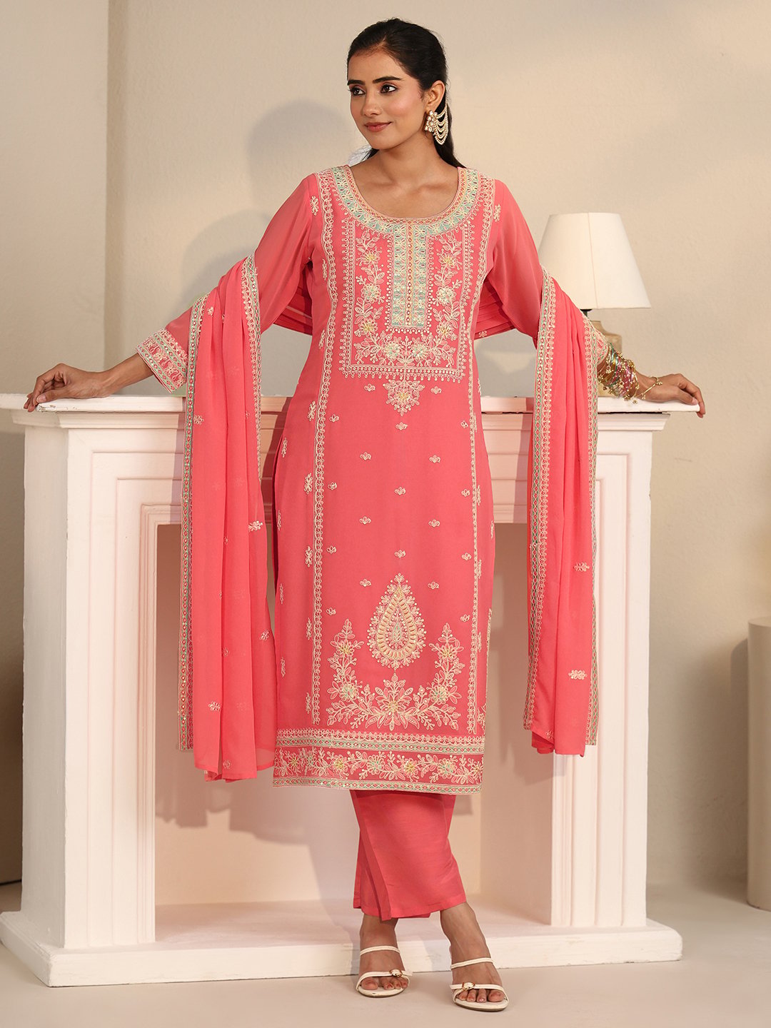 Coral Embroidered Georgette Kurta Set with Dupatta