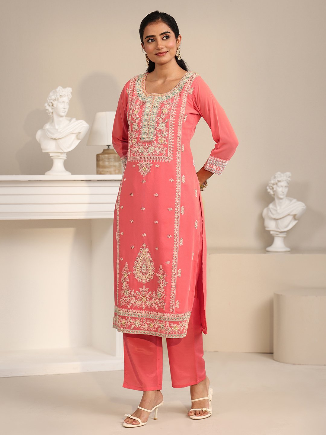 Coral Embroidered Georgette Kurta Set with Dupatta