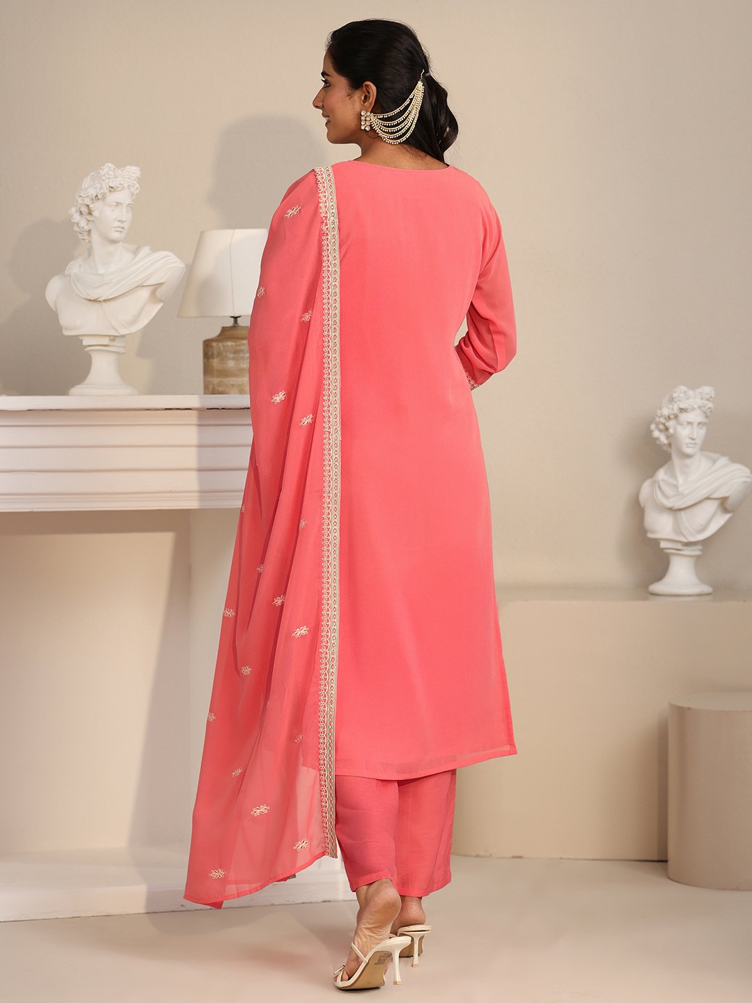 Coral Embroidered Georgette Kurta Set with Dupatta