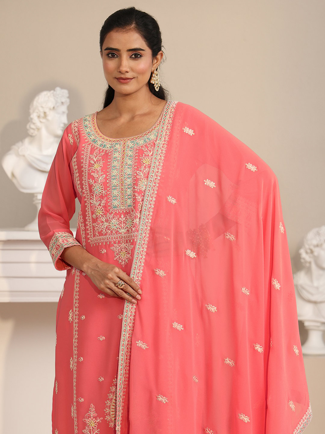 Coral Embroidered Georgette Kurta Set with Dupatta