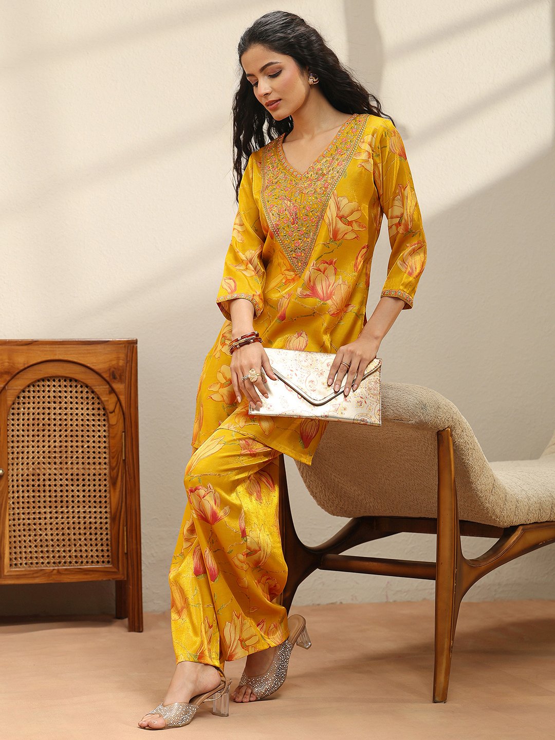 Mustard Printed Silk Blend Co-ord Set with V-Neck