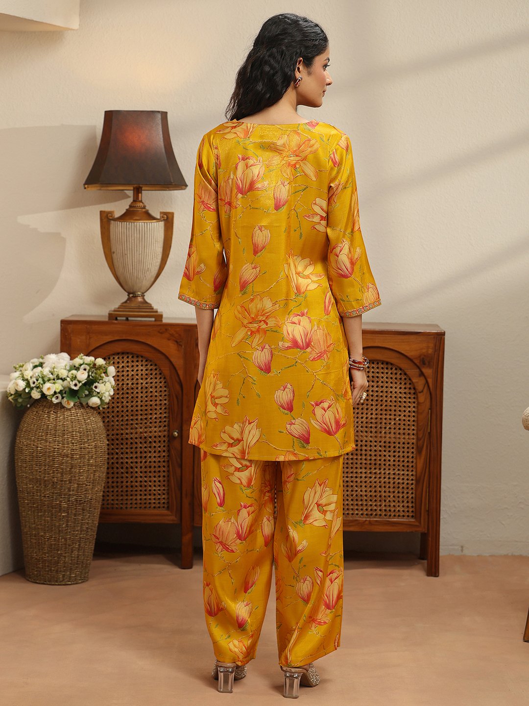 Mustard Printed Silk Blend Co-ord Set with V-Neck
