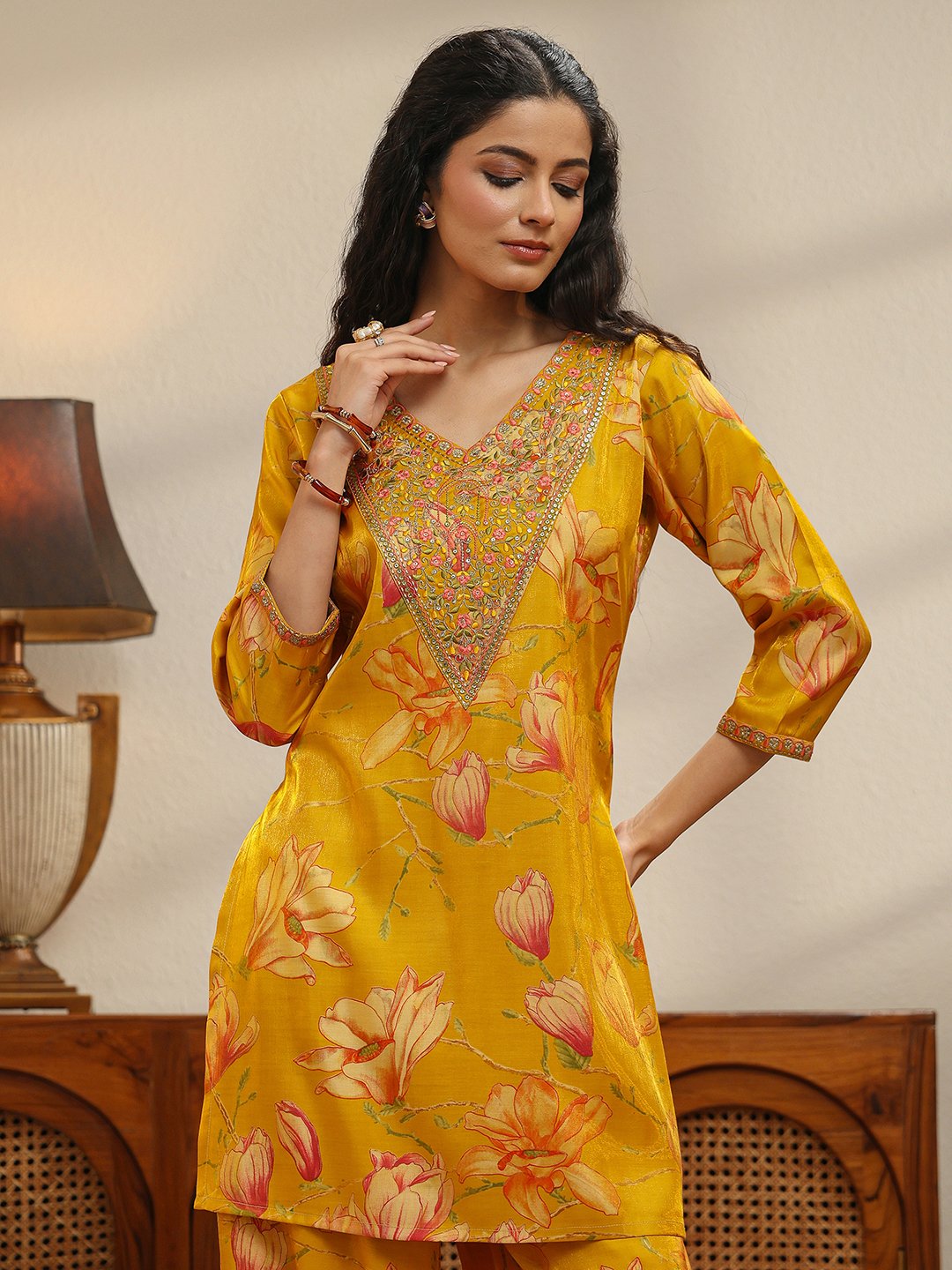 Mustard Printed Silk Blend Co-ord Set with V-Neck