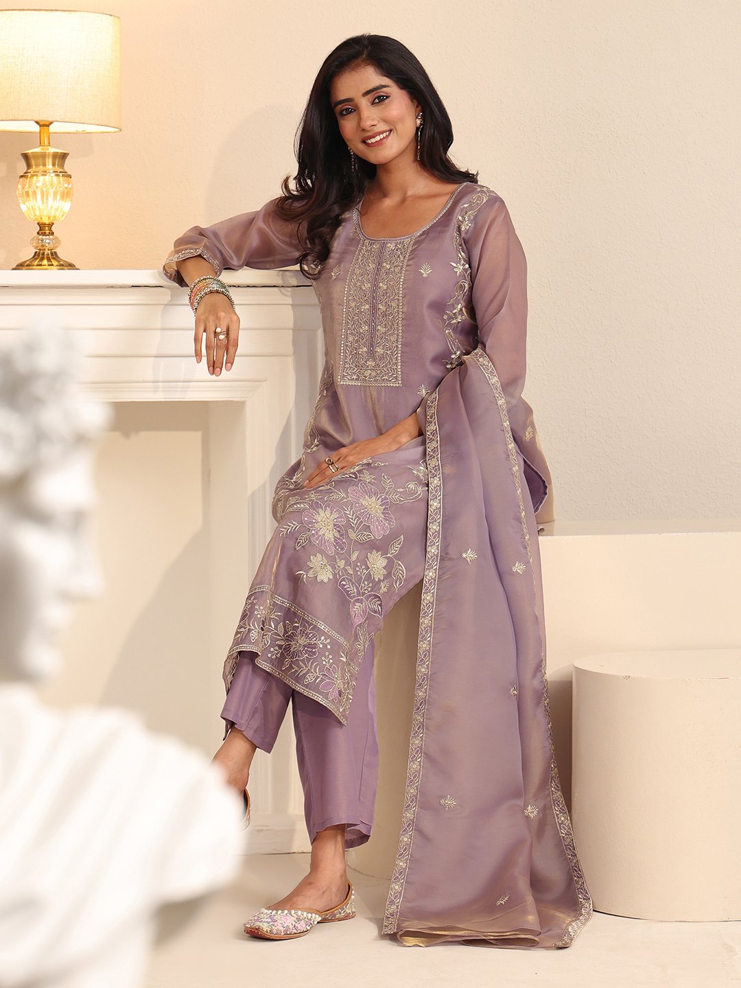 Purple Embroidered Kurta Set with Straight Pants and Dupatta