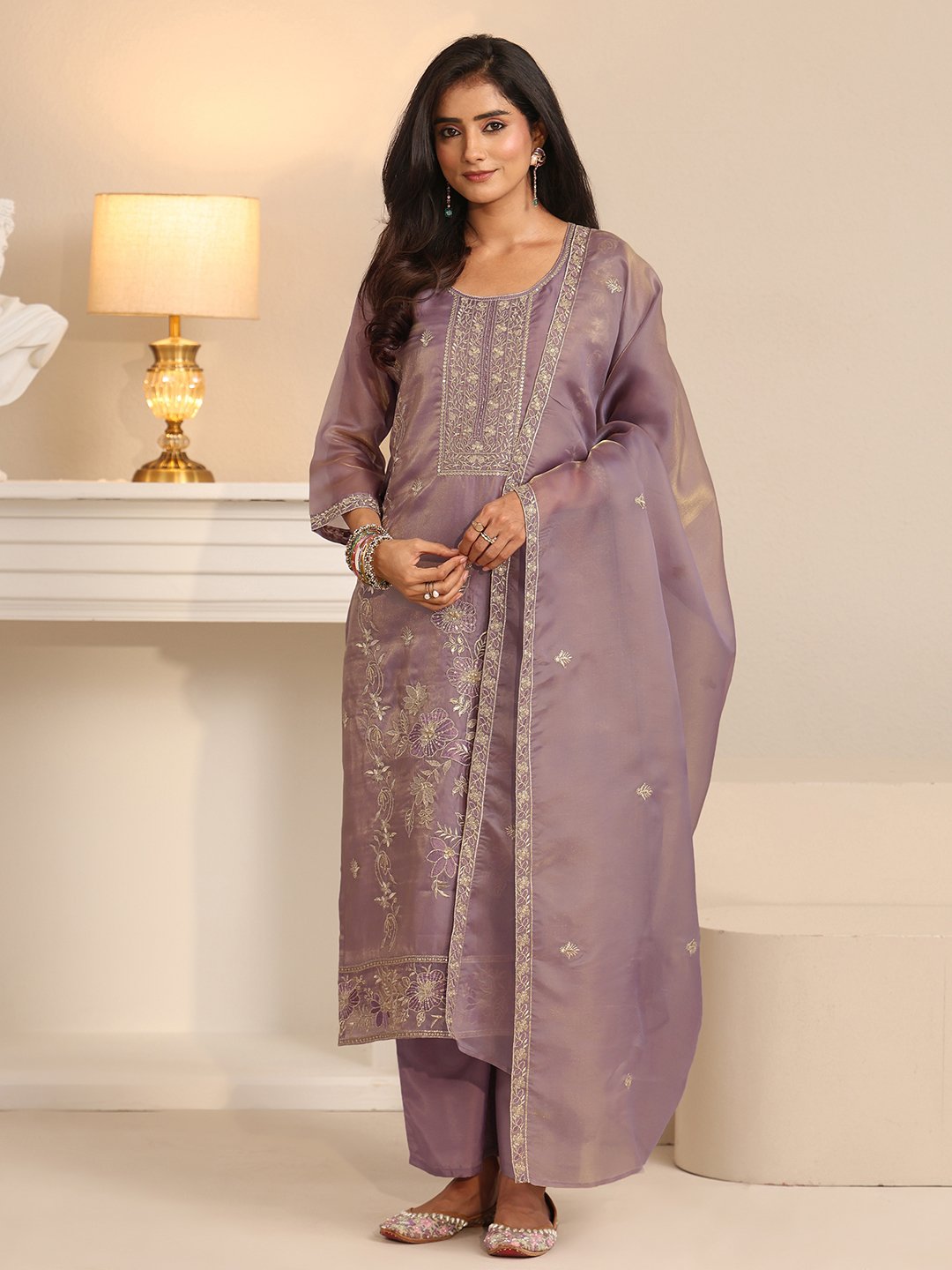 Purple Embroidered Kurta Set with Straight Pants and Dupatta