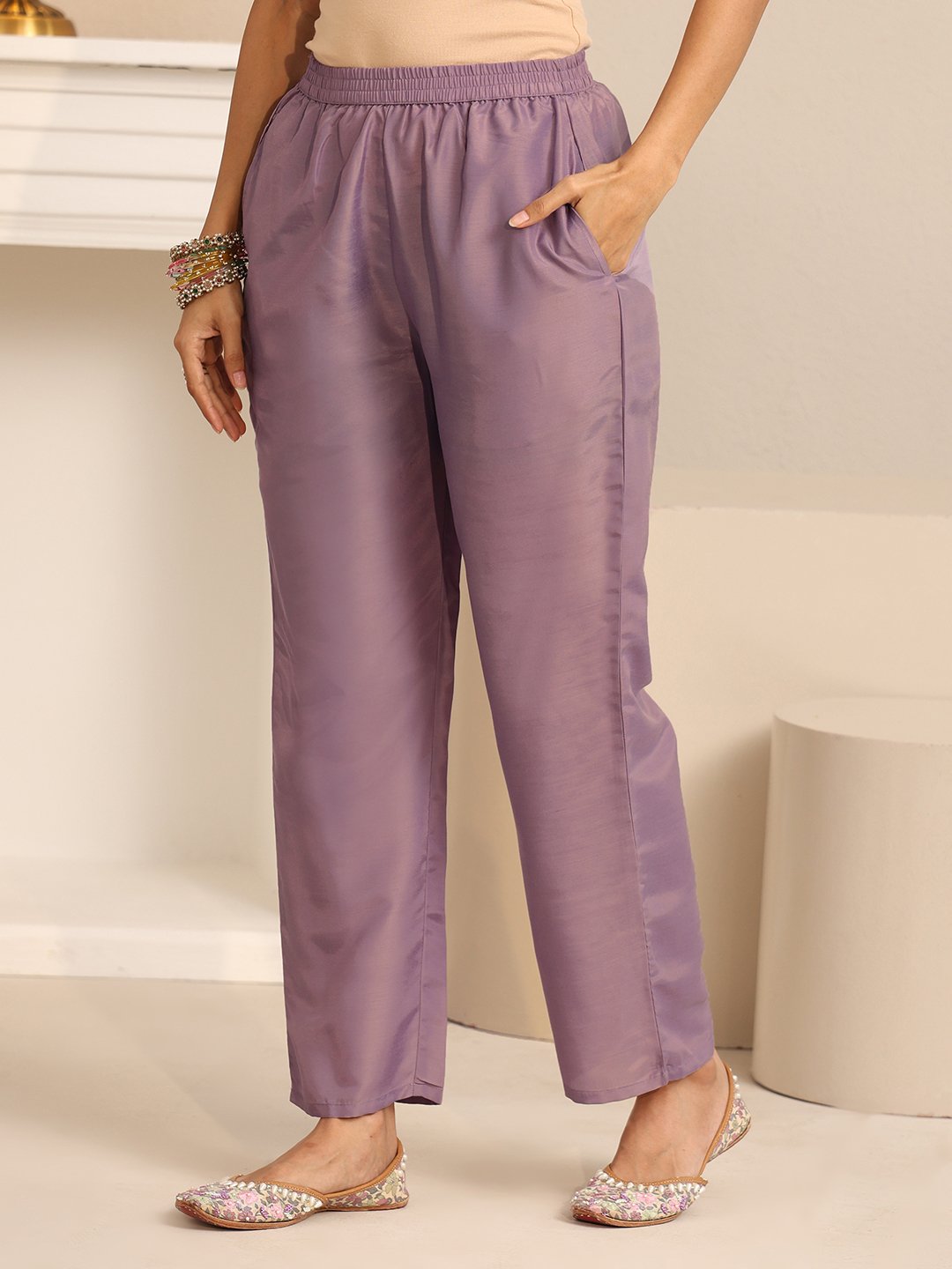 Purple Embroidered Kurta Set with Straight Pants and Dupatta