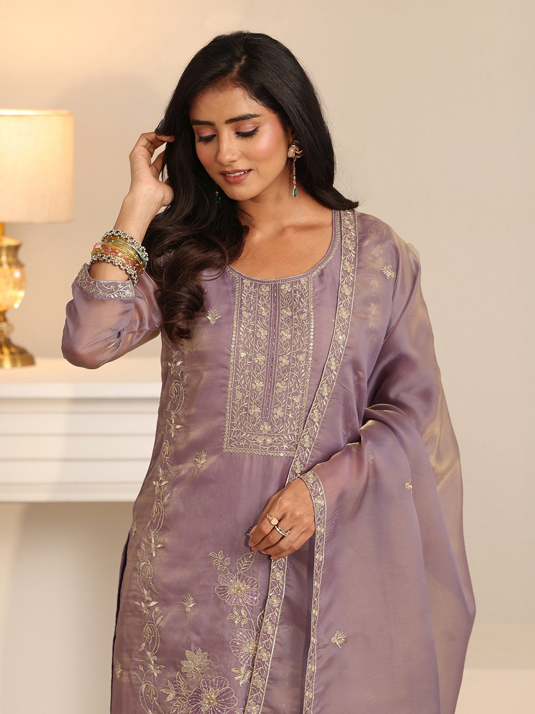 Purple Embroidered Kurta Set with Straight Pants and Dupatta