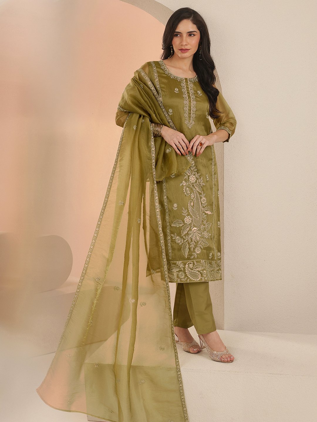 Olive Green Embroidered Kurta Set with Organza Dupatta