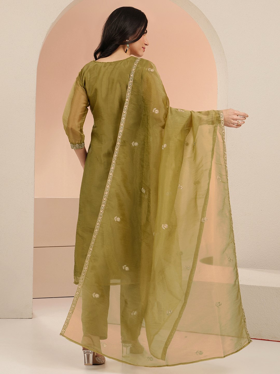 Olive Green Embroidered Kurta Set with Organza Dupatta