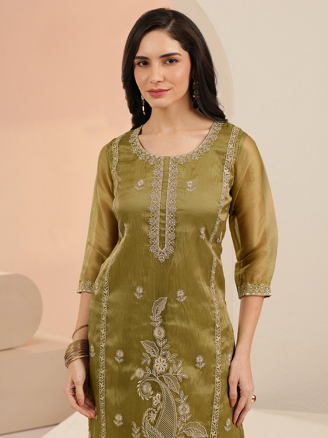 Olive Green Embroidered Kurta Set with Organza Dupatta