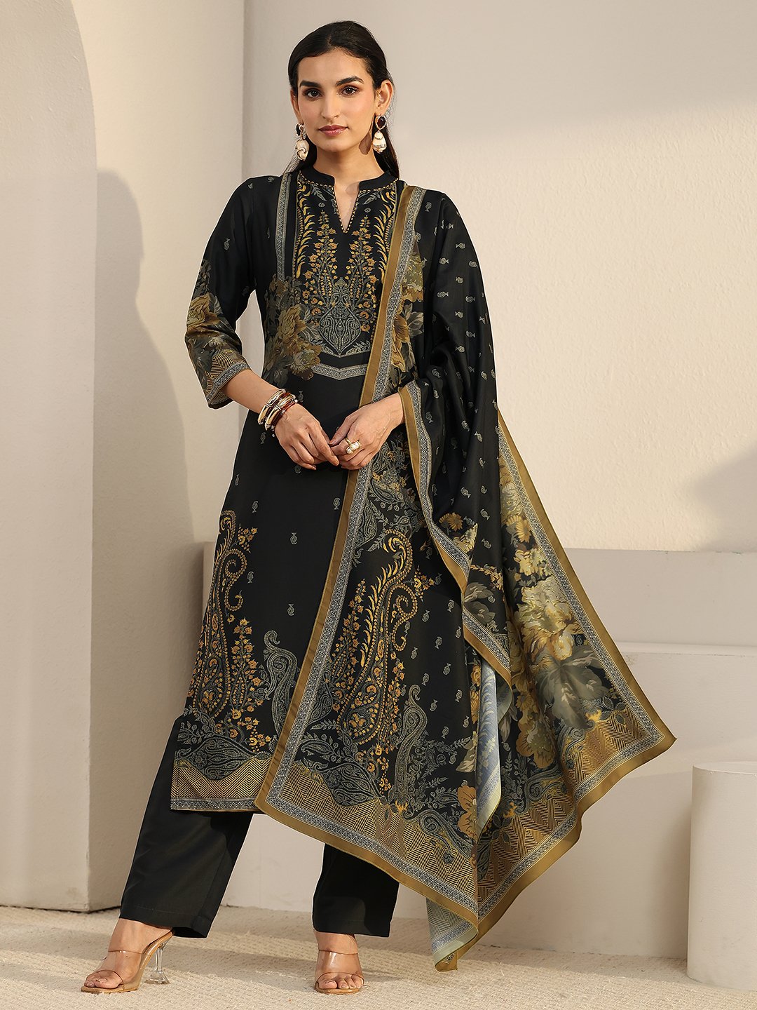 Black Printed Muslin Kurta Set with Dupatta