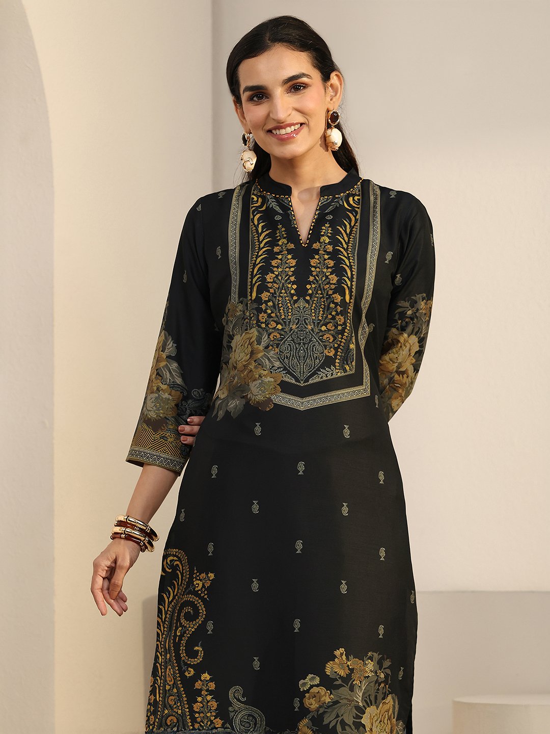 Black Printed Muslin Kurta Set with Dupatta