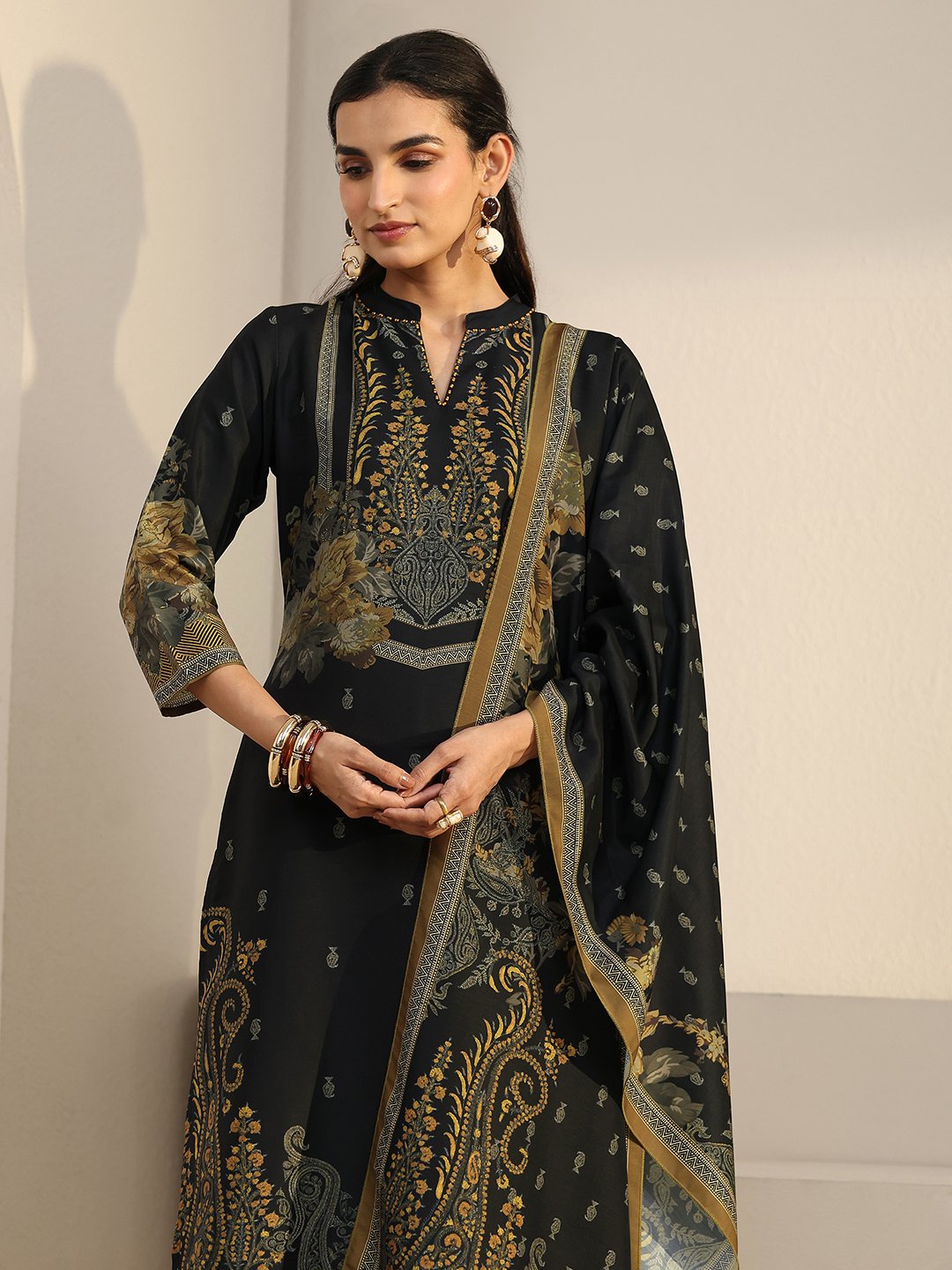 Black Printed Muslin Kurta Set with Dupatta