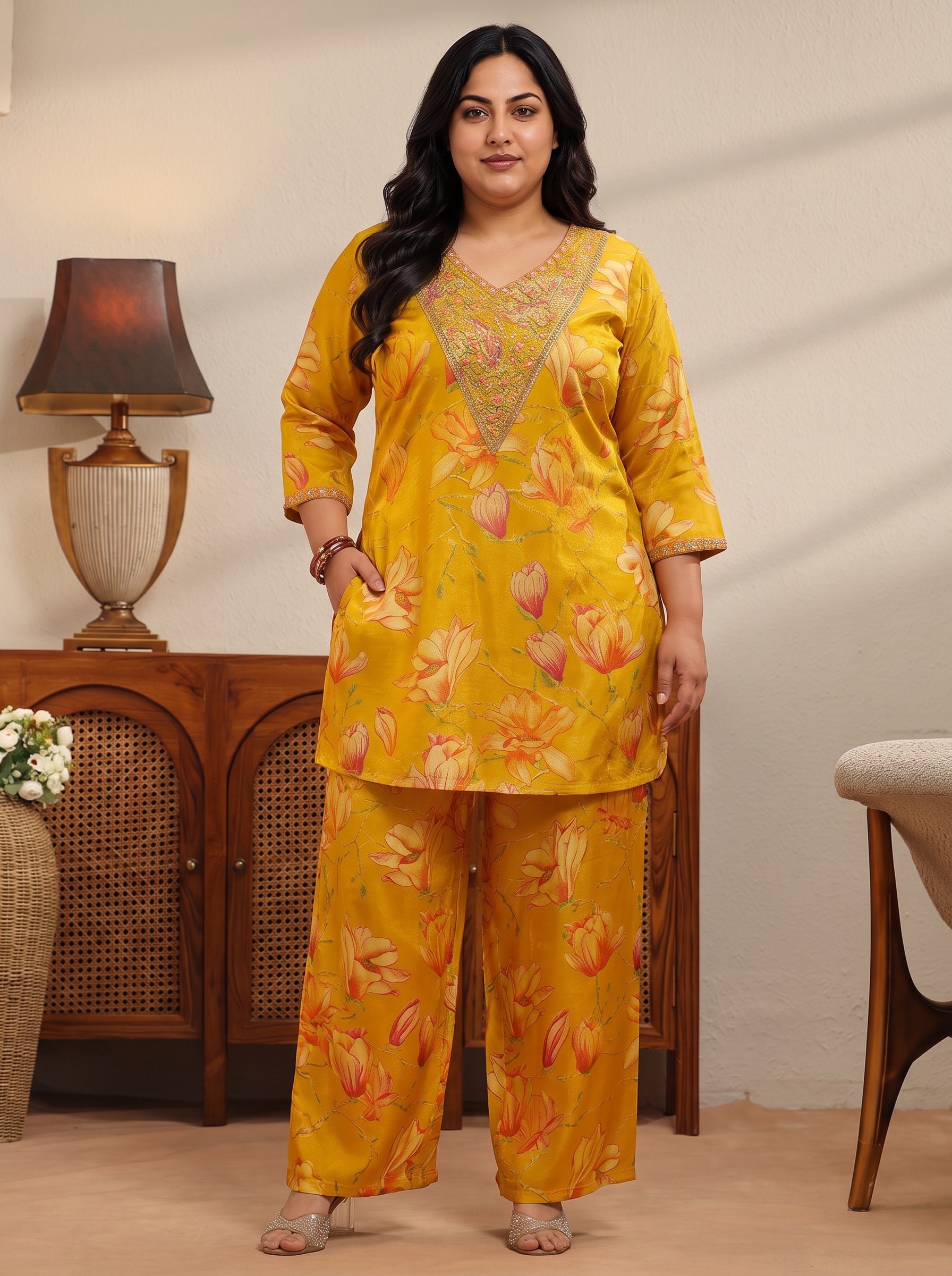 Mustard Floral Printed Plus Size Co-ord Set with V-Neck Tunic and Palazzo