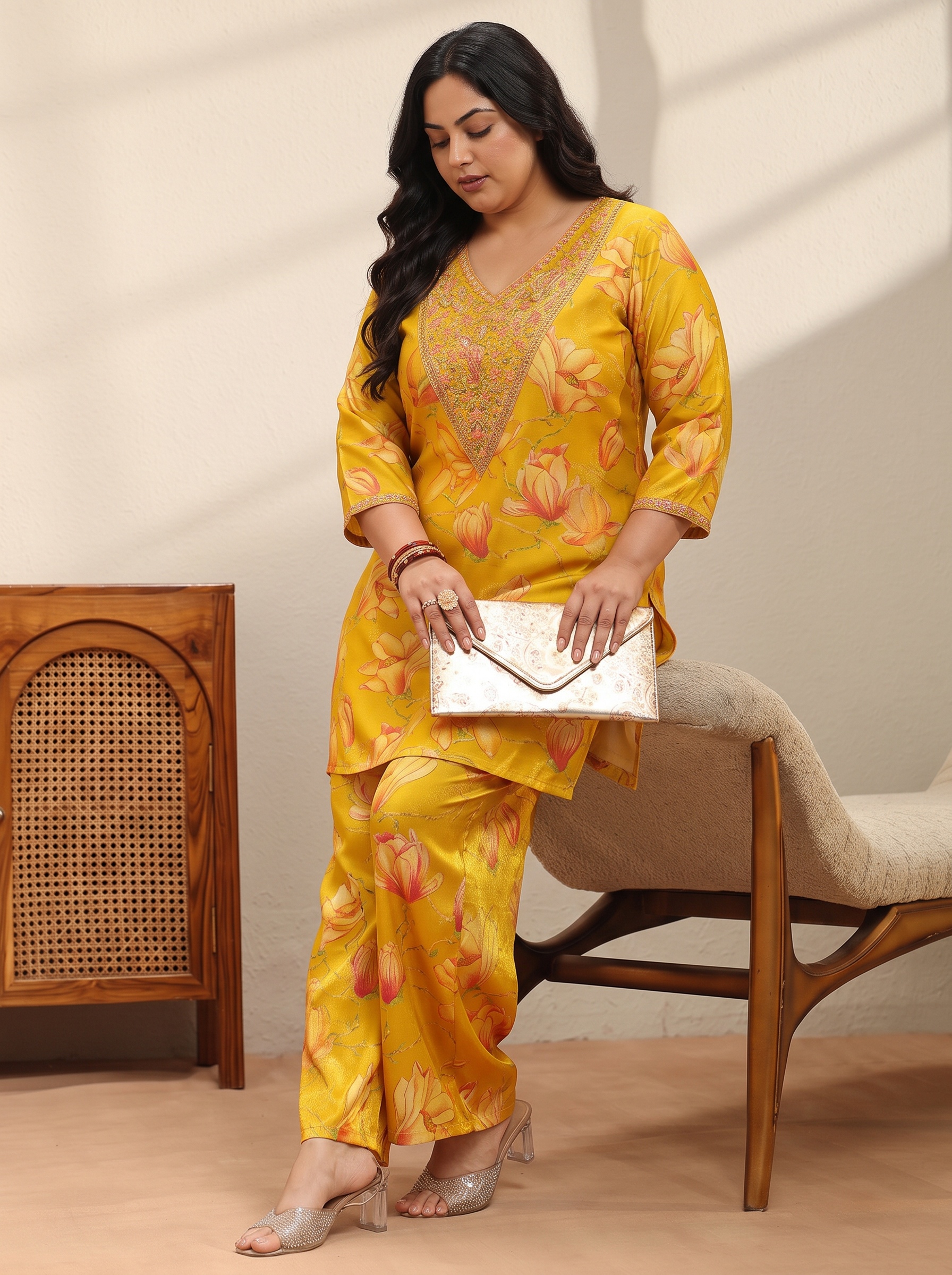 Mustard Floral Printed Plus Size Co-ord Set with V-Neck Tunic and Palazzo