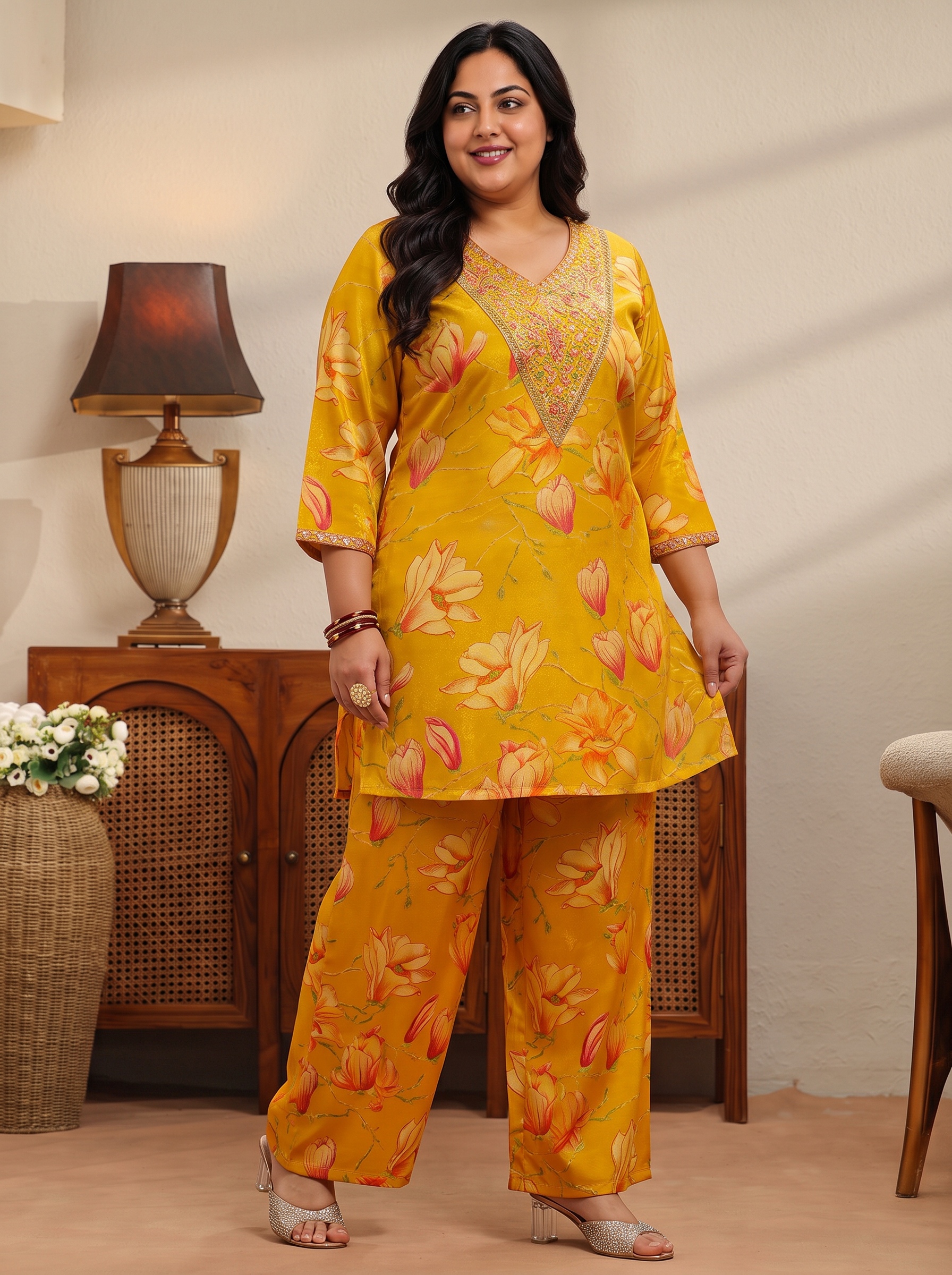 Mustard Floral Printed Plus Size Co-ord Set with V-Neck Tunic and Palazzo