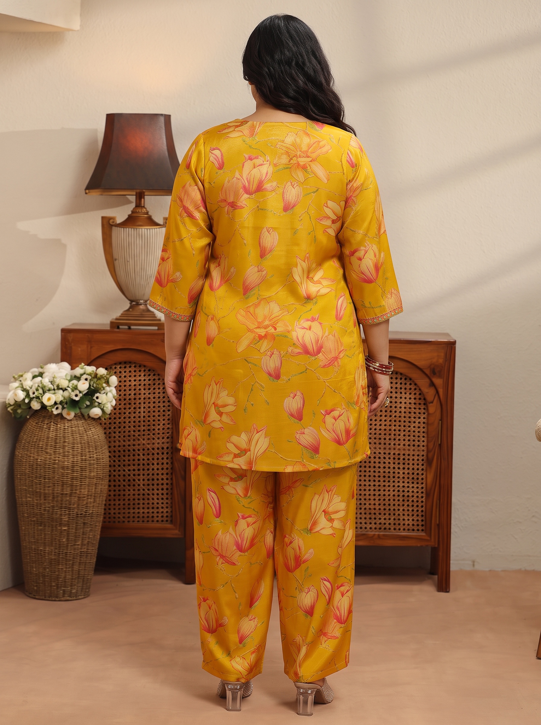 Mustard Floral Printed Plus Size Co-ord Set with V-Neck Tunic and Palazzo