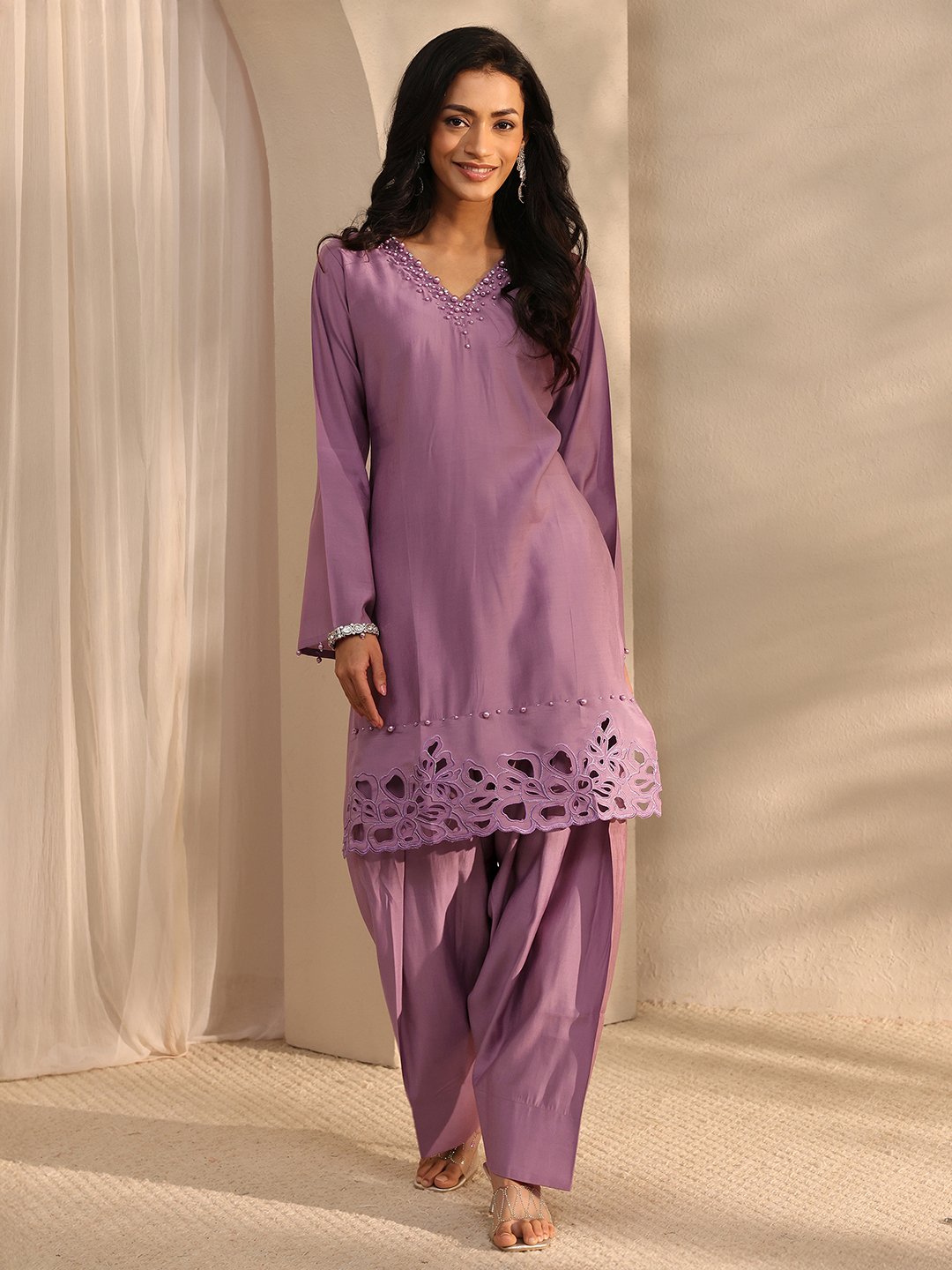 Purple Embellished V-Neck Kurta Set with Flared Sleeves