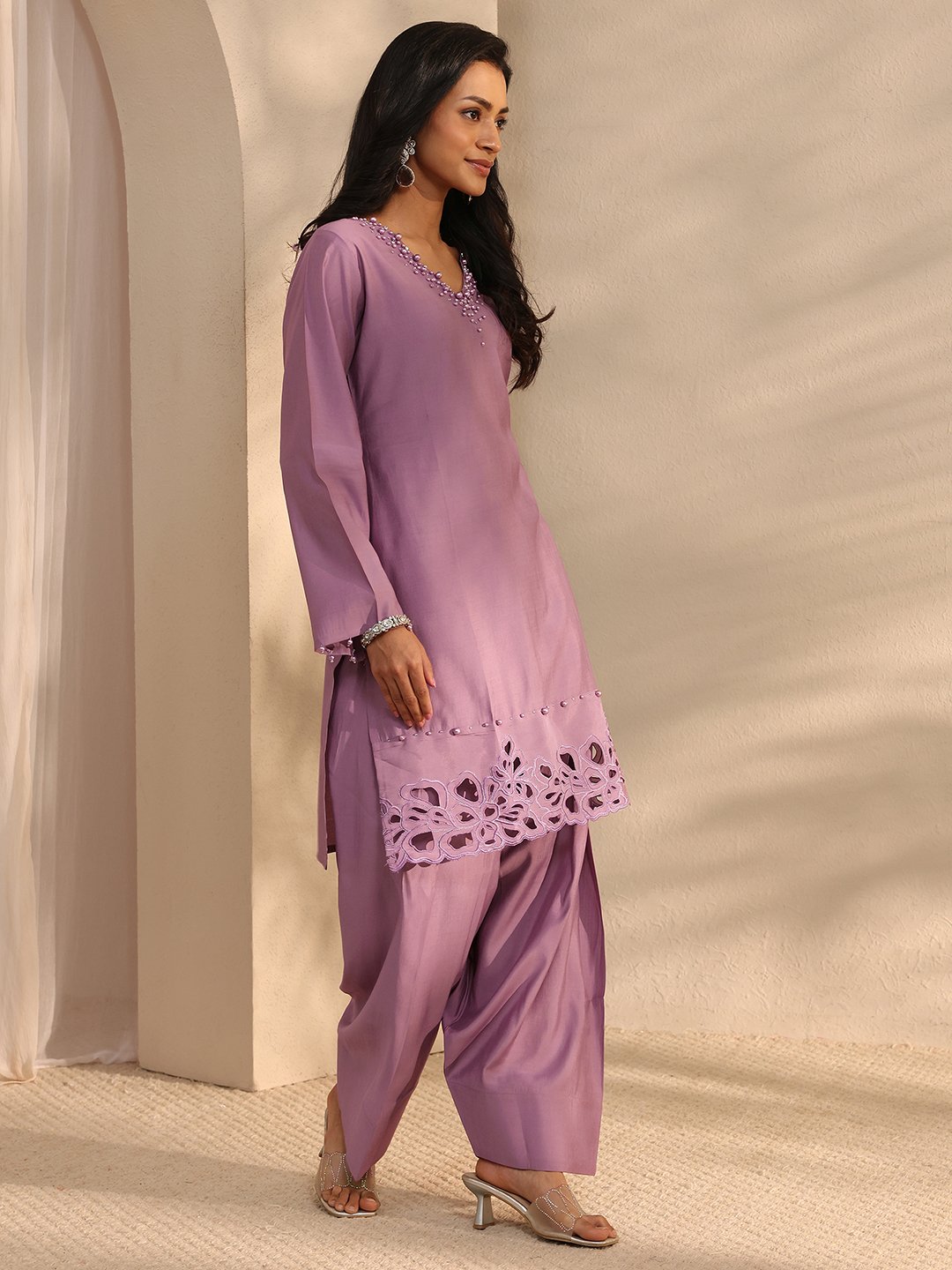 Purple Embellished V-Neck Kurta Set with Flared Sleeves