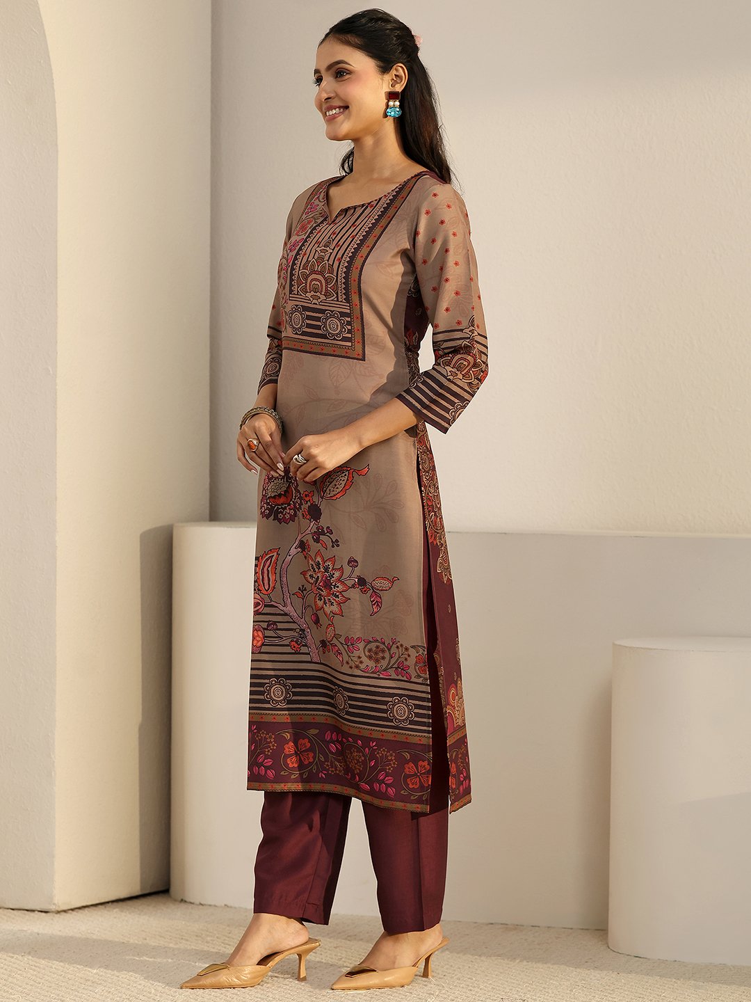 Brown Printed Kurta Set with Dupatta